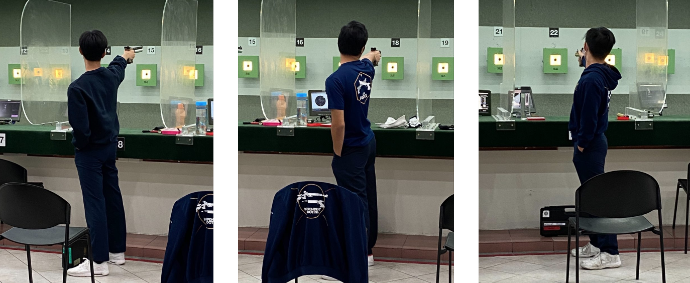 Three photos of a person in navy clothing aiming a pistol at numbered targets on a shooting range wall.